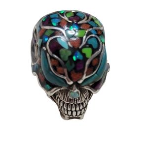 Handmade Biker Skull Ring 925 Sterling Silver Blue Opal Turquoise Coral Inlay